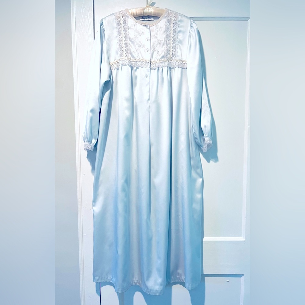 Vintage Christian Dior Ice Blue Lace Satin Nightgown Cottage Granny Core